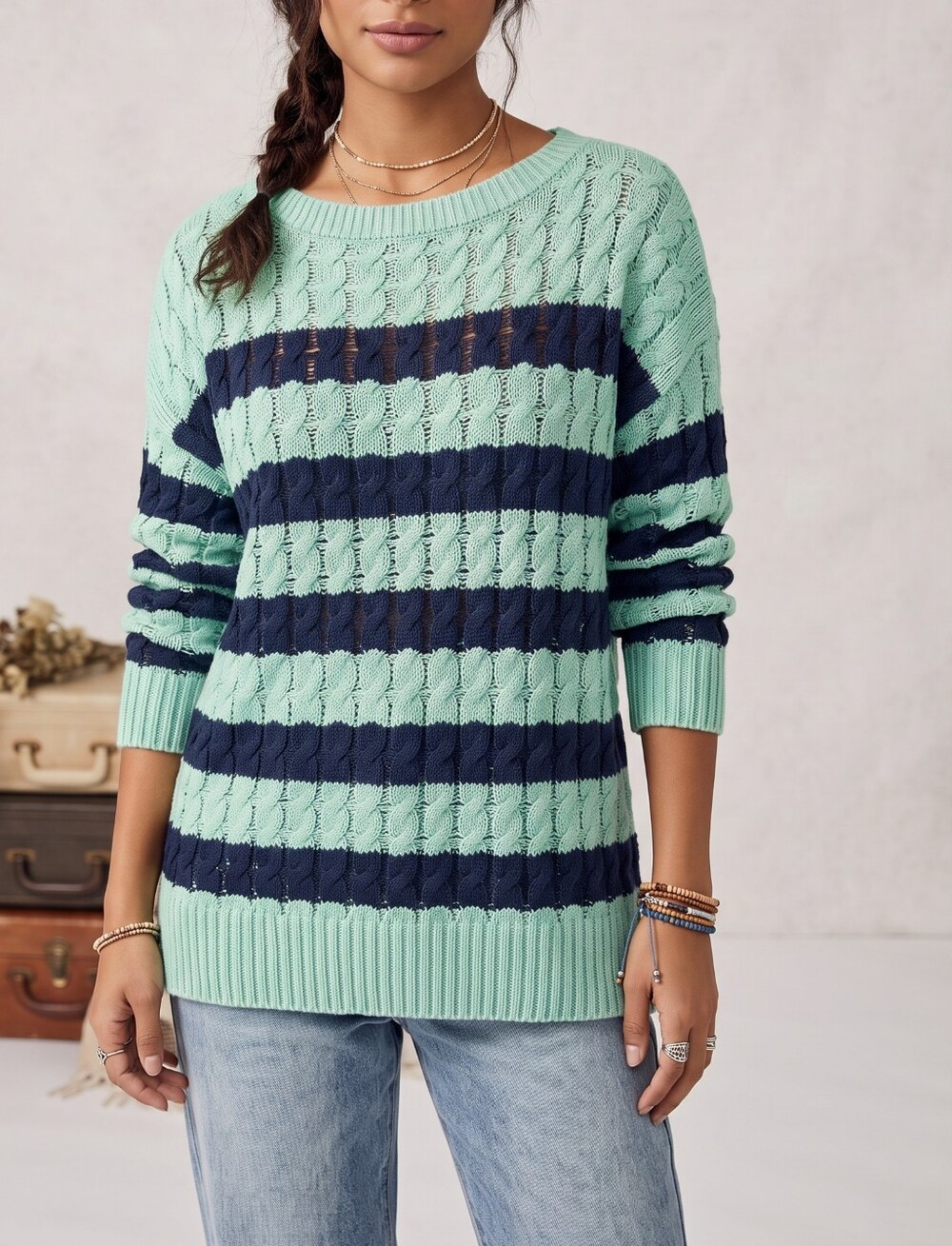 Pilcro Anthropologie Mint & Navy Striped Open-Knit Oversized Cable Sweater Small
